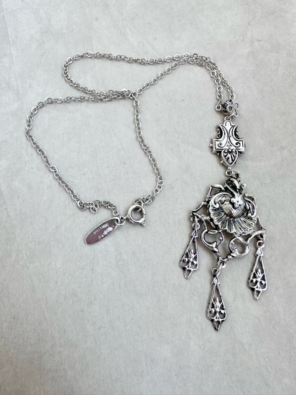 Whiting & Davis Silver Tone Floral Design Pendant and Necklace